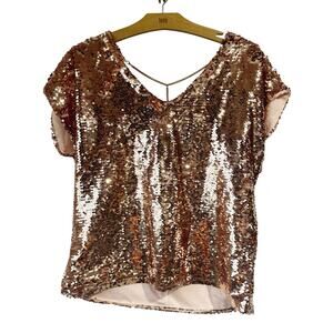 Lavish Pink Sequin Blouse Top Medium V-Neck Party Holiday Glam Sparkly Women's